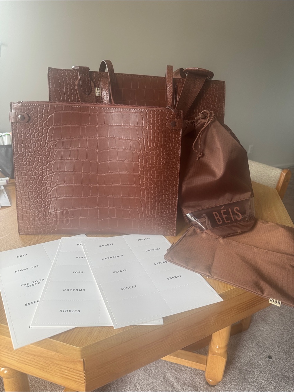 BEIS Brown Croc-Embossed Tote with Matching Pouch Set